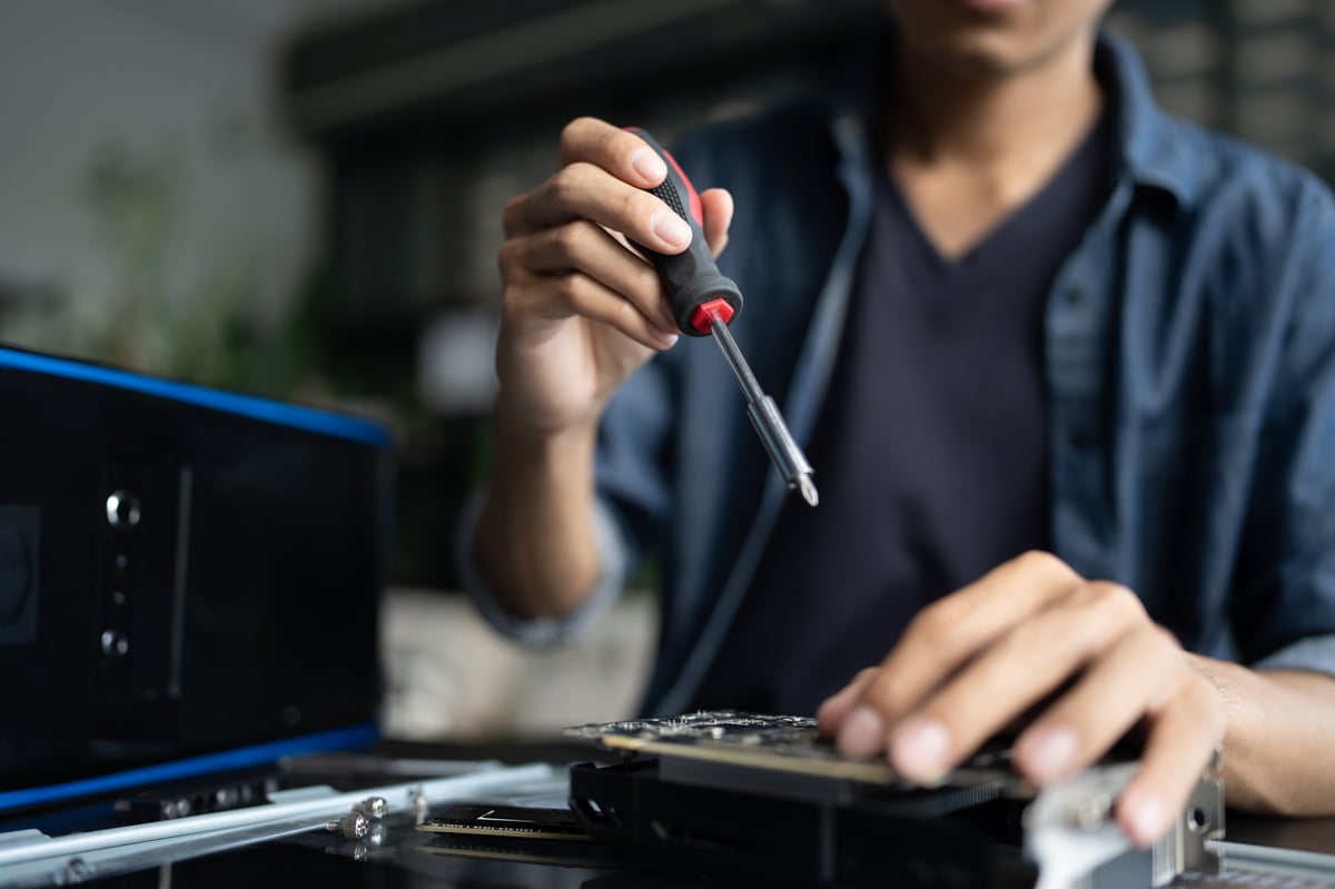 IT Engineer installing Hardware Equipment Development Facility Engineer Maintenance computer Motherboard Electronic repair shop technology business.